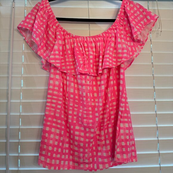 Lily Pulitzer Hot Pink Plaid Off the Shoulder Blouse (Size M) - Picture 2 of 4
